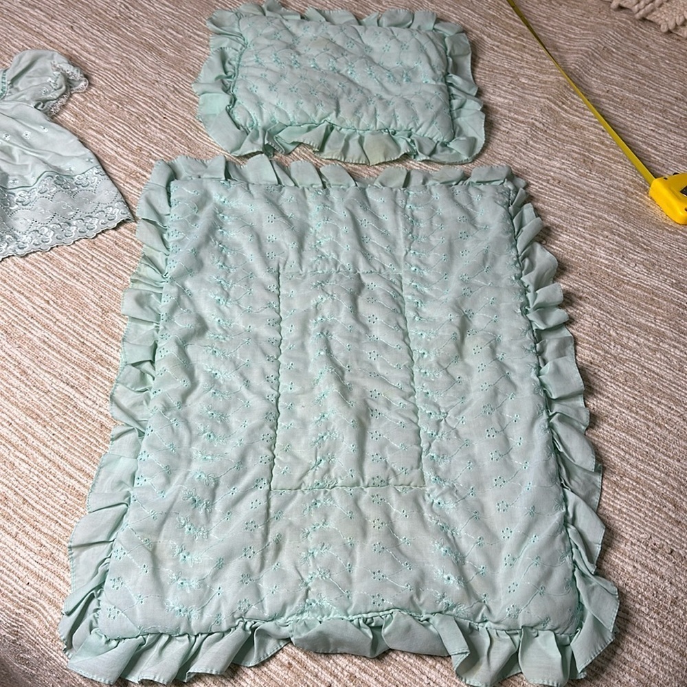 Vintage baby quilt teal mint  colored with eyelets